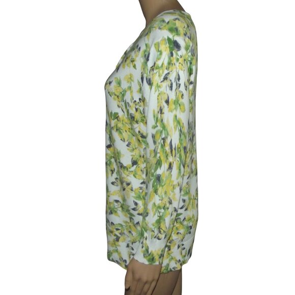Emaline Cardigan Sweater Womens Large Button green yellow white floral gray - Picture 7 of 8